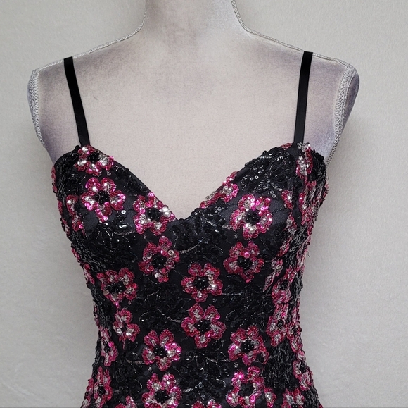 80s Vintage Alyce Designs Black Pink Sequin Floral Ruffle Bustier Mini Dress 6 - Picture 5 of 13